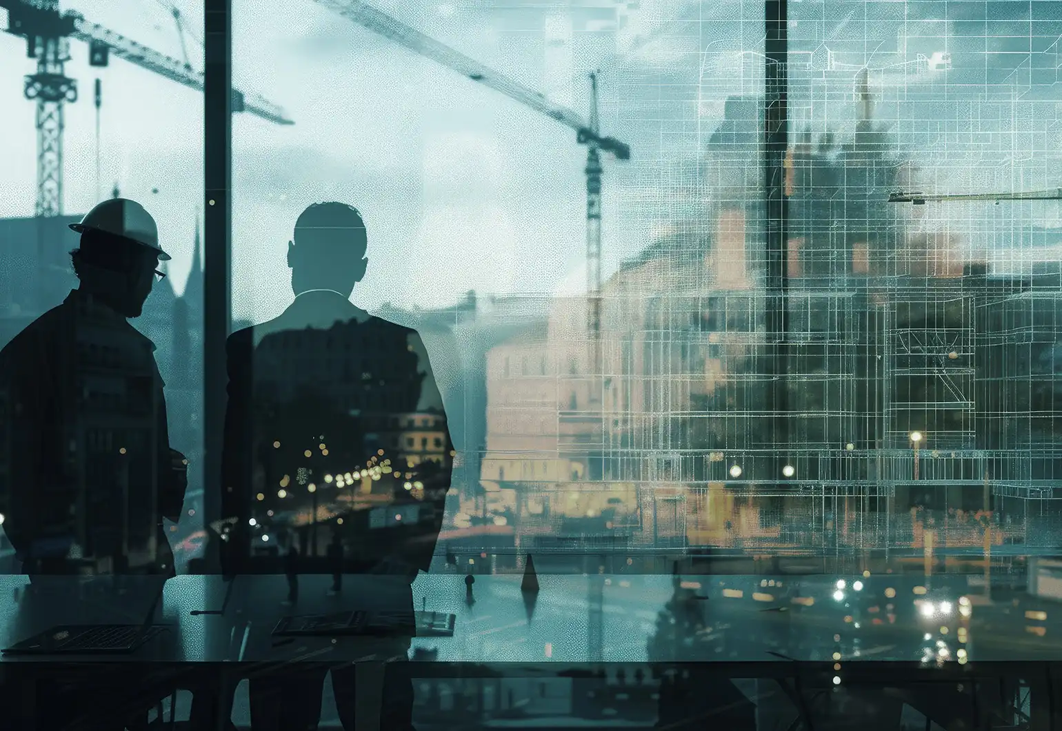 Businessmen reflected in window with abstract building designs